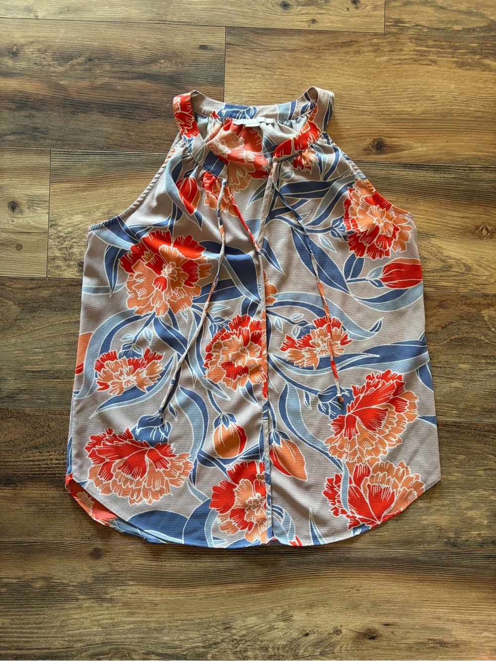 Floral Tie-Neck Halter Tank Top in Coral, Blue, and Cream